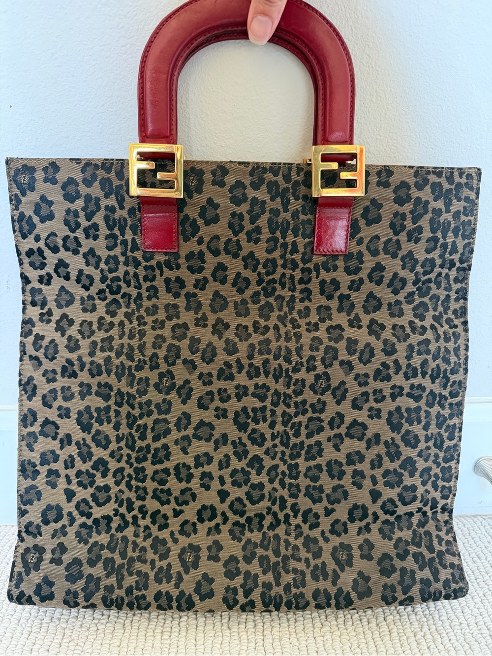 Fendi Leopard Print Tote with Red Leather Handles